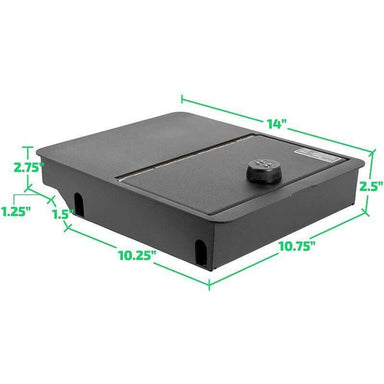 Locker Down LD2058 vehicle console safe for Dodge Ram F-1500, F-2500, F3500, F4500 2006-2019 viewed from the top cover with it's dimension.