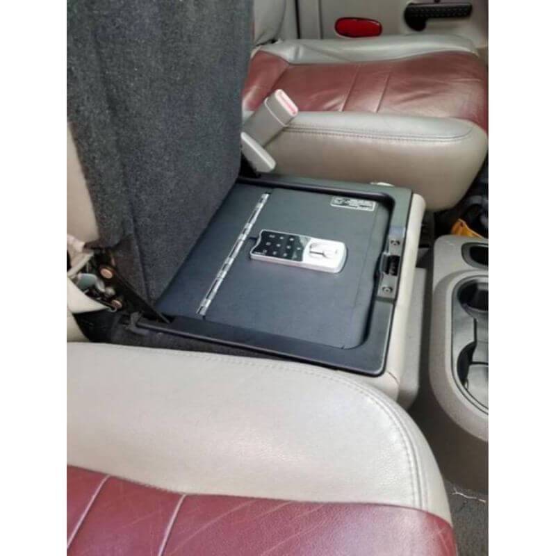 Locker Down LD2058EX vehicle console safe for Dodge Ram F-1500, F-2500, F3500, F4500 2006-2018 viewed from the car inside center console horizontally.