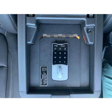 Locker Down LD2062EX vehicle console safe for Chevrolet Traverse 2018-2020 viewed from the top with the cover locked.