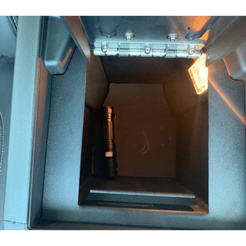 Locker Down LD2062EX vehicle console safe for Chevrolet Traverse 2018-2020 viewed from the top open lid.