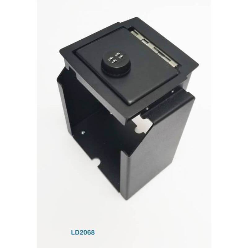 Locker Down LD2068 vehicle console safe for Jeep Wranger 2DR and 4DR 2011-2018 viewed from the top with the handle.