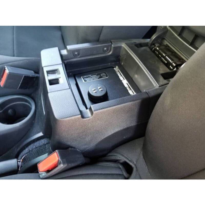 Locker Down LD2069 vehicle console safe for Jeep Wranger 2DR and 4DR 2011-2018 viewed from the top inside center console.
