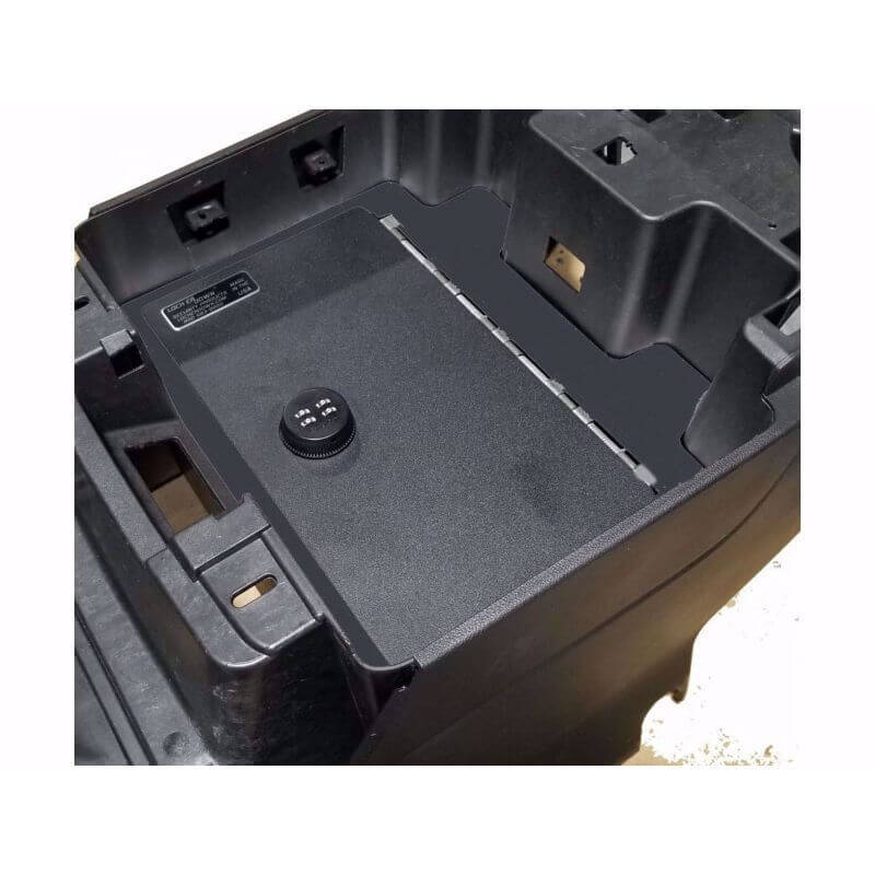 Locker Down LD2072 vehicle console safe for Chevrolet	Silverado and GMC Sierra 2019-2020 viewed from the top cover horizontal.