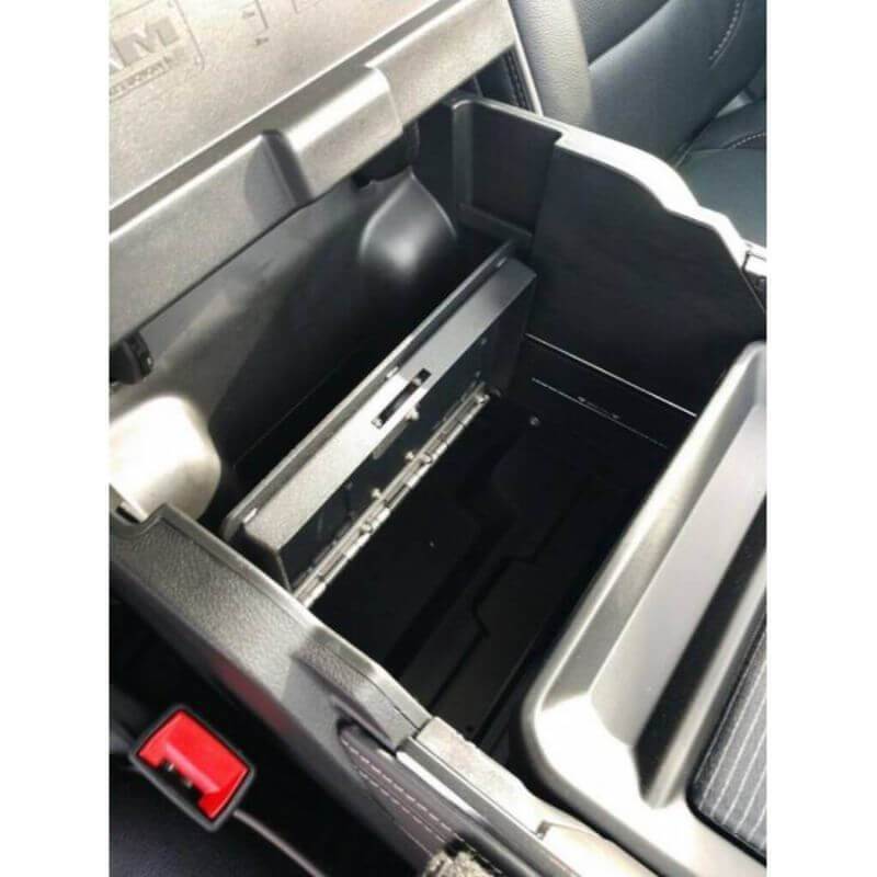 Locker Down LD2078L vehicle console safe for Dodge Ram 1500, 2500, 3500, 4500 2019-2020 viewed from inside center console with open lid.