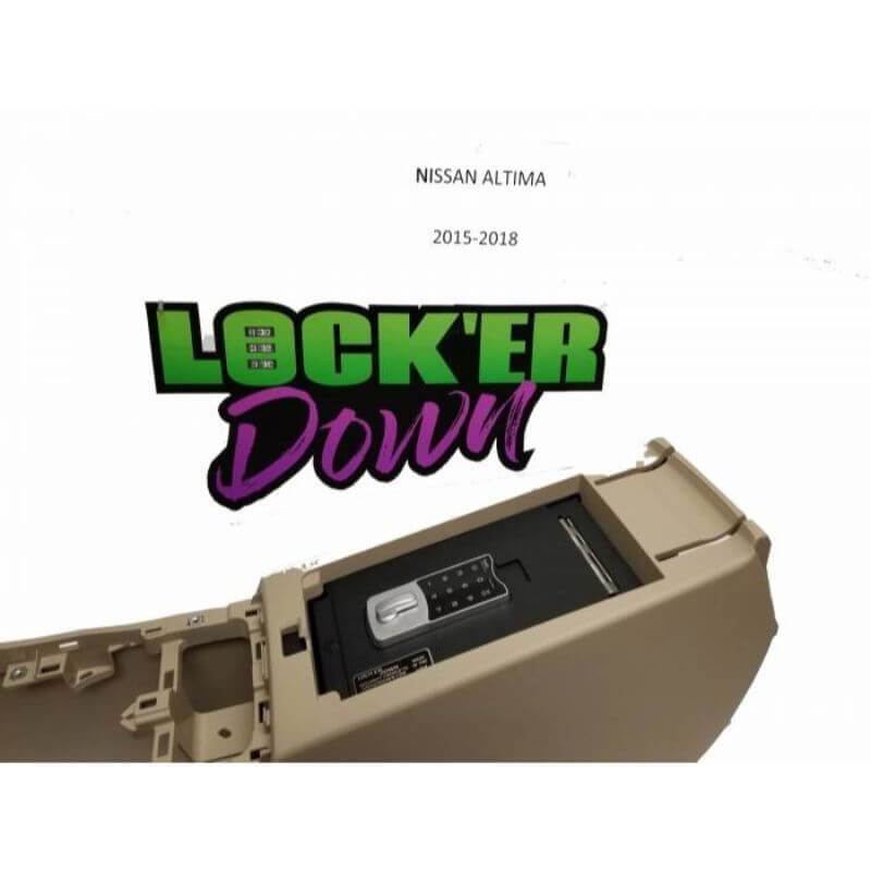 Locker Down LD6022EX vehicle console safe for Nissan Altima 2015-2019 viewed from the side with locker down logo.