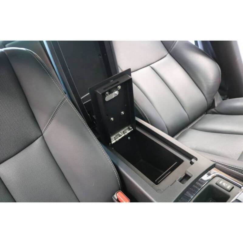 Locker Down LD6022EX vehicle console safe for Nissan Altima 2015-2019 viewed inside center console with open lid.