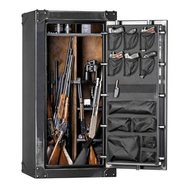 Ironworks CIWD6030X | 60"H x 30"W x 25"D | 35 Long Gun | 85 Min gun safe shown in front view with door open with white background.
