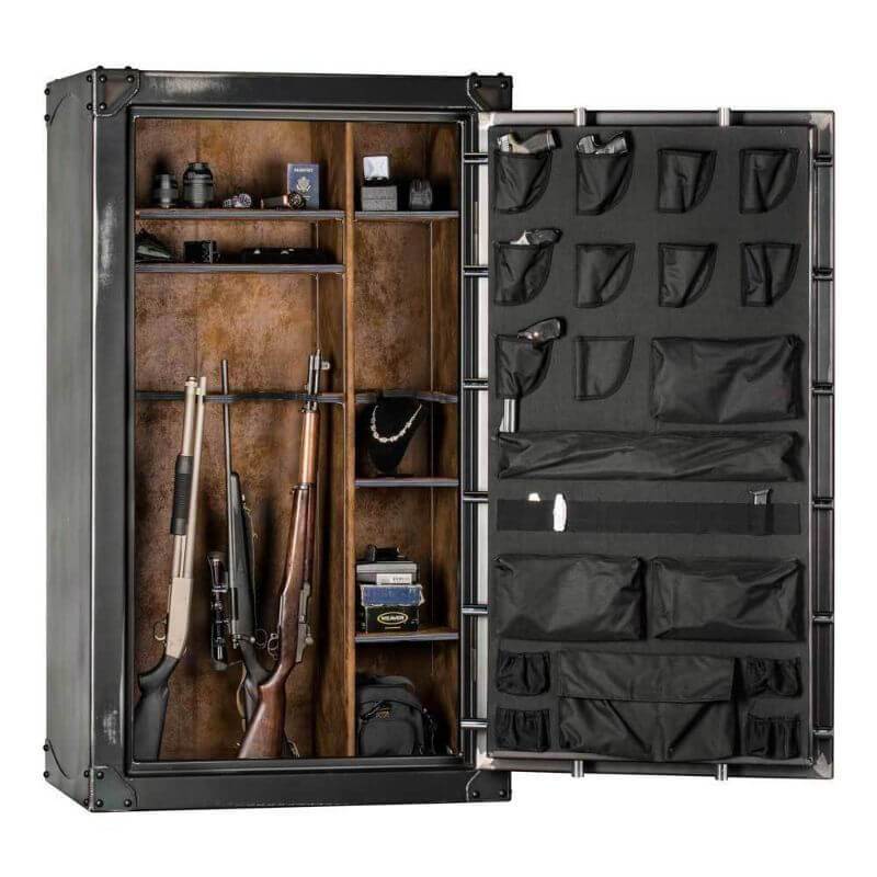 Ironworks CIWD7242X | 72"H x 42"W x 27"D | 54 Long Gun | 85 Min gun safe shown in front view with door open with white background.