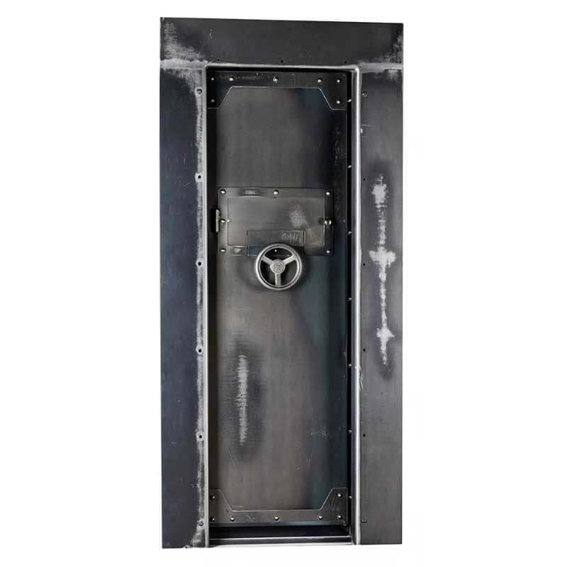 Rhino Ironworks IWVD8030 Out-Swing Vault Door | 80"H x 30"W x 8.25"D shown in back view with vault door closed with white background.