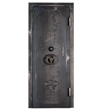 Rhino Ironworks IWVD8035 Out-Swing Vault Door | 80"H x 35"W x 8.25"D shown in front view with vault door closed with white background.
