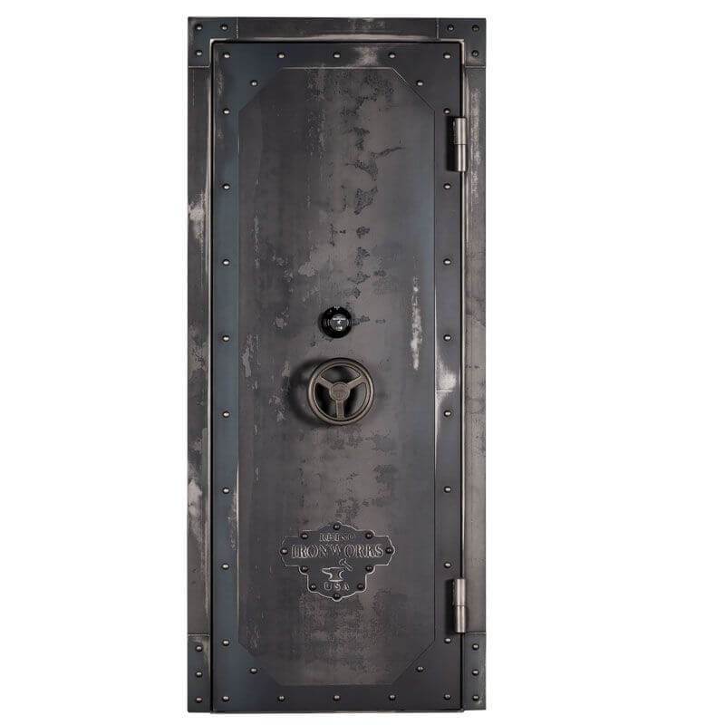 Rhino Ironworks IWVD8040 Out-Swing Vault Door | 80"H x 40"W x 8.25"D shown in front view with vault door closed with white background.