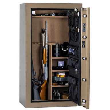 Rhino Kodiak K5933EX | 59"H x 33"W x 21"D | 28 Long Gun | 60 Min gun safe shown with door open in front view with white background.
