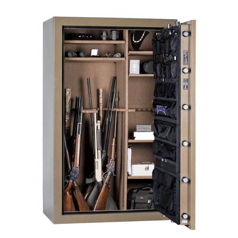 Rhino Kodiak K7144EX | 71"H x 44"W x 26"D | 58 Long Gun | 60 Min gun safe shown with door open in front view with white background.