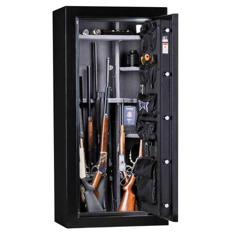 Rhino Kodiak KB19ECX | 59"H x 28"W x 20"D | 30 Long Gun | 30 Min gun safe color option black shown in front view with door open with white background.