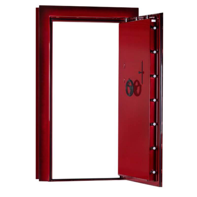 Rhino Ironworks V8030GL Out-Swing Vault Door - 80X30X8.27 color option crimson shown in front view with door opened with white background